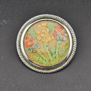 Vintage Petite Needlepoint Flowers Brooch Pin Silver Frame 1.25"